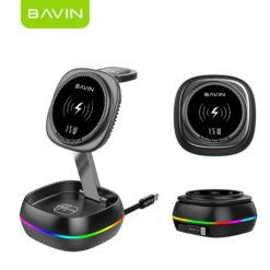 BAVIN PC-1199 Chargeur sans fil magnétique 3-en-1 avec support pliable pour téléphone, montre et écouteurs sans fil