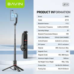 Alternative view of BAVIN AP18 Perche à selfie magnétique rétractable avec télécommande Bluetooth